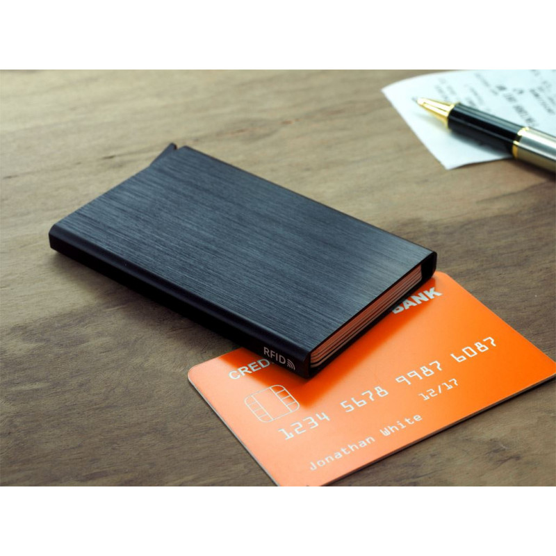Porte cartes Barrière RFID Aluminium brossé noir Porte cartes Barrière RFID Aluminium brossé noir