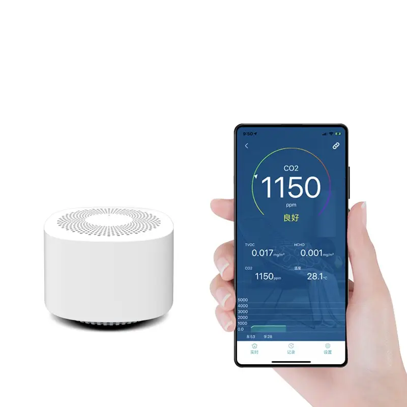 Mini moniteur de la qualité de l’air HCHO TVOC analyseur de CO2, température, connexion BT. Mini moniteur de la qualité de l'air HCHO TVOC analyseur de CO2, température, connexion BT.