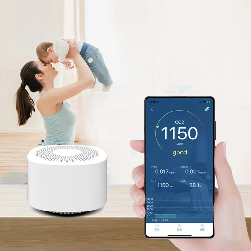 Mini moniteur de la qualité de l’air HCHO TVOC analyseur de CO2, température, connexion BT. Mini moniteur de la qualité de l'air HCHO TVOC analyseur de CO2, température, connexion BT.
