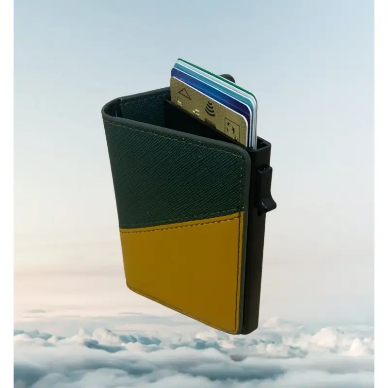 Portefeuille Barrière RFID Métal & Cuir PU PATCHWORK VERT ET JAUNE Portefeuille Barrière RFID Métal & Cuir PU PATCHWORK VERT ET JAUNE