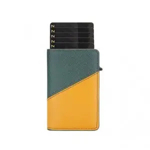 Portefeuille Barrière RFID Métal & Cuir PU PATCHWORK VERT ET JAUNE