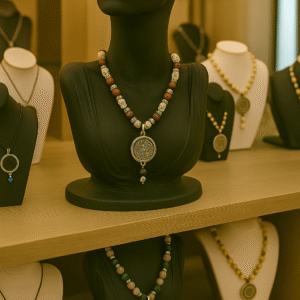 COLLIER ANTI-ONDES « RHODONITE, JASPE DALMATIEN + HEMATITE »