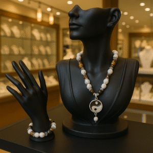 PARURE DUO, COLLIER ANTI-ONDES HOWLITE, JASPE KAMBABA ET ŒIL DE TIGRE AVEC BRACELET ASSORTI