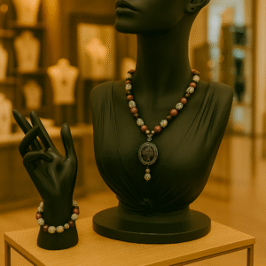 PARURE DUO, COLLIER ANTI-ONDES, RHODONITE & JASPE DALMATIEN AVEC BRACELET ASSORTI