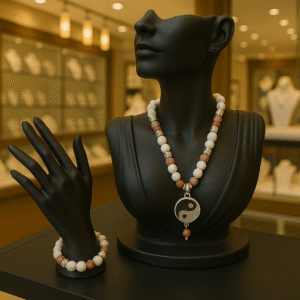 PARURE DUO, COLLIER ANTI-ONDE HOWLITE, RHODONITE AVEC BRACELET ASSORTI