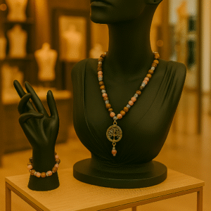 PARURE DUO, COLLIER ANTI-ONDE RHODONITE, ŒIL DE TIGRE AVEC BRACELET ASSORTI