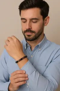BRACELET HOMME SHUNGITE, QUARTZ FUME, AMETHYSTE AVEC BOUDDHA SCULPTE