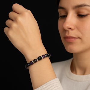 BRACELET FEMME, SHUNGITE, QUARTZ FUME, AMETHYSTE & BOUDDHA SCULPTE