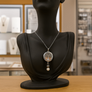 Collier Anti Ondes avec pendentif métal et pierres Quartz rose et Nacre