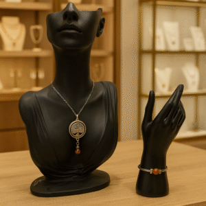 DUO PENDENTIF ANTI ONDE METAL  ET PIERRE CORNALINE RUBANEE AVEC SON BRACELET ASSORTI