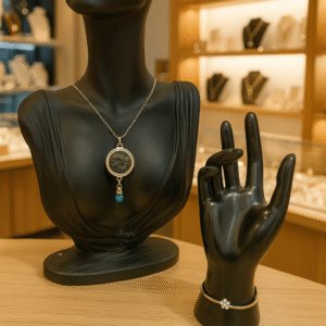 DUO PENDENTIF ANTI ONDE METAL  ET PIERRES TIGRE BLEU, HEMATITE AVEC SON BRACELET ASSORTI