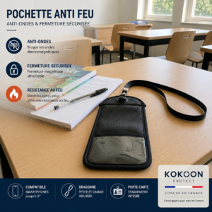 Pochette anti-feu pour téléphone portable avec blocage des ondes et fermeture sécurisée