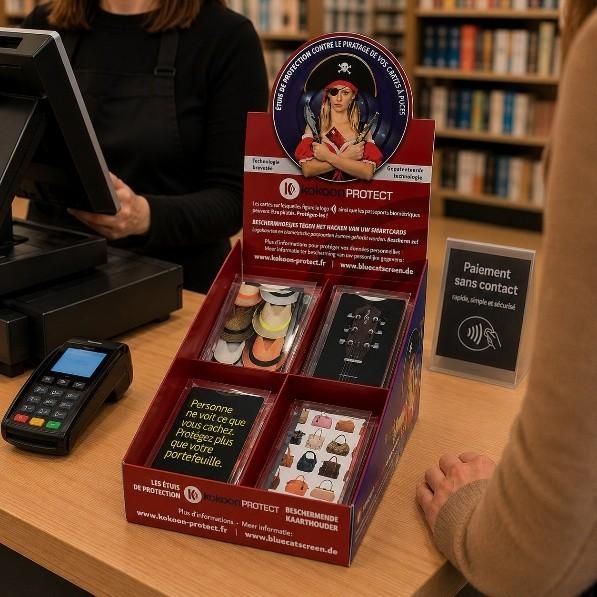 Présentoir Kokoon Protect d étuis Barrière RFID posé à côté d un terminal de paiement